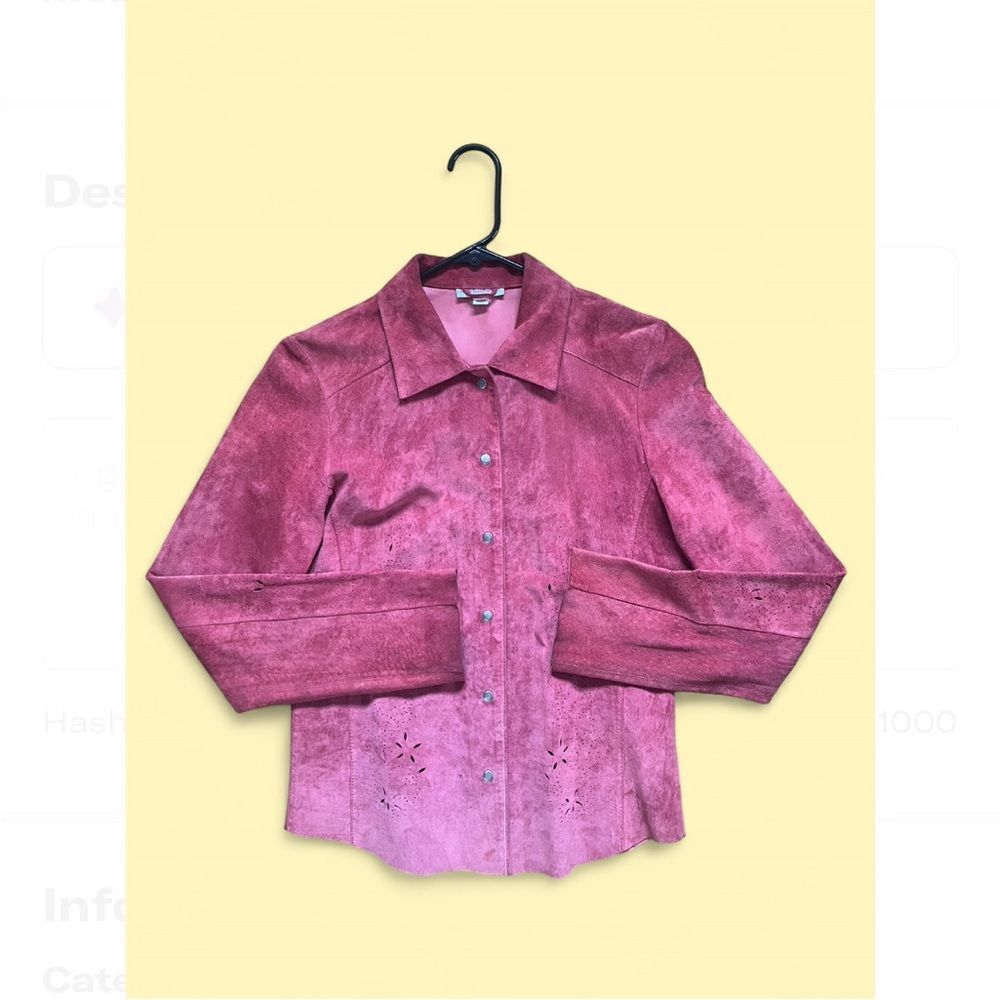 VTG New Frontier 100% Leather Button-Up Shirt Jacket with Floral Cutouts size S